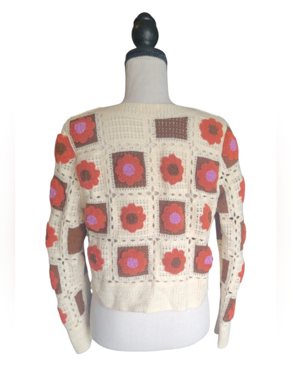 Everleigh Patchwork Granny Boho Retro Square Floral Cropped Cardigan Sz M - Picture 3 of 10